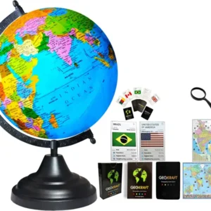 Glasso Globe Hight 12" Dia 8", 52 Countries Trump Cards, 50mmMagnifier,India,WorldMaps, Black Arc Base, Multicolor Map, Blue Ocean for Kids School Home Office Table Laminated Political Geography Study World Globe  (8 Inch Blue) (FK)