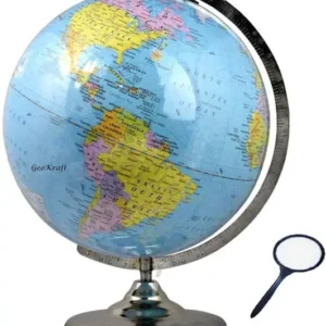GeoKraft Laminated 12 Inches Chrome Finish World Globe with Lens Desk and Table Top Political World Globe  (Extra Large Blue) (FK)