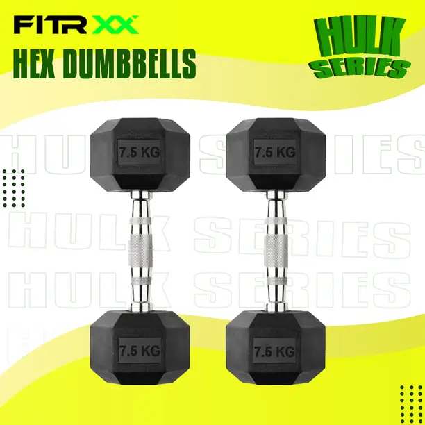 FITRXX Hex Rubber Coated Professional Exercise Gym Dumbbell Hulk Series 7.5 kg pair Fixed Weight Dumbbell (7.5 kg) (FK)