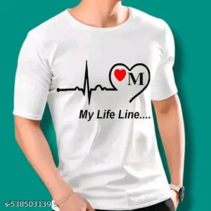 My Life Line M Alphabet Half Sleeves Tshirts for Boys and Men | White Half Sleeves Tshirt