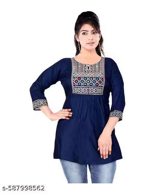 FASHION Rayon Embroidered Short Kurti/Top for Women & Girls