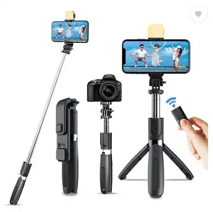 Hold up HOLD UP Selfie Stick Tripod with Light & Phone Stand Wireless Remote Compatible mobile Phone Bluetooth Selfie Stick (Black, Remote Included)
